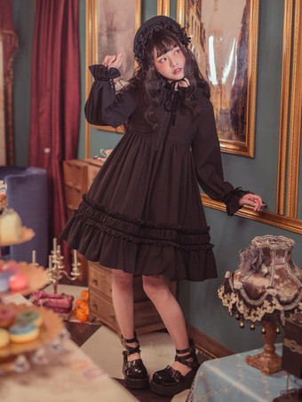 Klassische Lolita Einteiliges Kleid Einfarbig Langarm Vintage Lolita Einteiliges Kleid