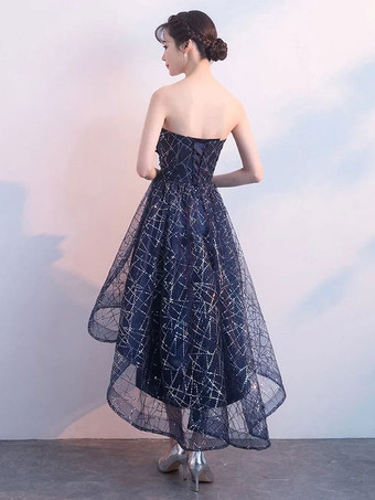 ショートなプロムドレス　2025　ストラップレス　スパンコール　ダークネイビー　前ミニ　カクテルパーティードレス