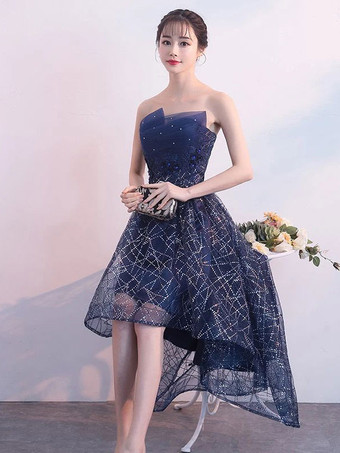 ショートなプロムドレス　2025　ストラップレス　スパンコール　ダークネイビー　前ミニ　カクテルパーティードレス