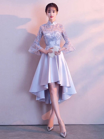 ライトグレーのカクテルドレススタンドカラーベルスリーブショートウエディングドレス非対称卒業ドレス