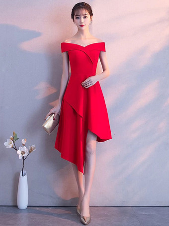 レッドリトルブラックドレスは、ショルダーカクテルパーティードレスオフ非対称