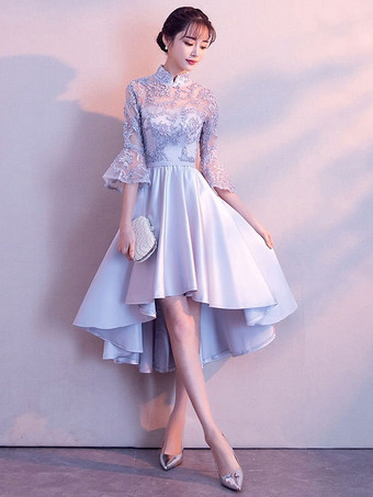 ライトグレーのカクテルドレススタンドカラーベルスリーブショートウエディングドレス非対称卒業ドレス