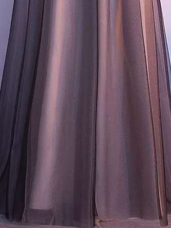 プロムドレス Vネック レース チュール ノースリーブ Aライン フロア丈 フォーマル イブニングドレス ブラック