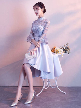 ライトグレーのカクテルドレススタンドカラーベルスリーブショートウエディングドレス非対称卒業ドレス