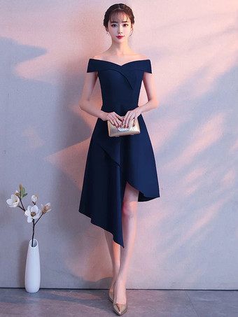 ダークネイビーリトルブラックドレスは、ショルダーカクテルパーティードレスオフ非対称