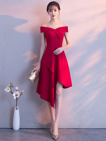 バーガンディーリトルブラックドレスは、ショルダーカクテルパーティードレスオフ非対称