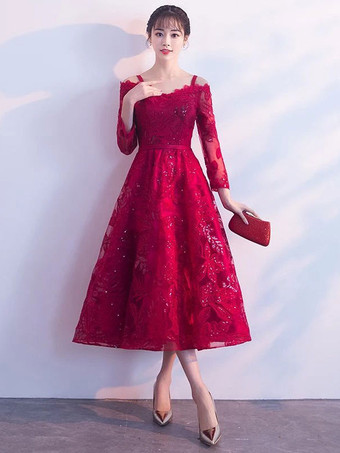 ショートウエディングドレスブルゴーニュレース卒業ドレスコールドショルダーロングスリーブティーレングスカクテルドレス
