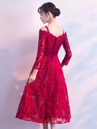 ショートウエディングドレスブルゴーニュレース卒業ドレスコールドショルダーロングスリーブティーレングスカクテルドレス