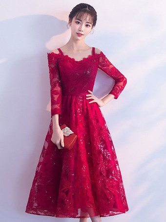 ショートウエディングドレスブルゴーニュレース卒業ドレスコールドショルダーロングスリーブティーレングスカクテルドレス