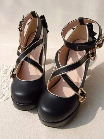 ブラック ロリィタ靴 ハイヒール かわいい プリンセススタイル リボン結びファッション