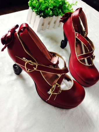 バーガンディーロリィタ靴 ハイヒール かわいい プリンセススタイル リボン結びファッション