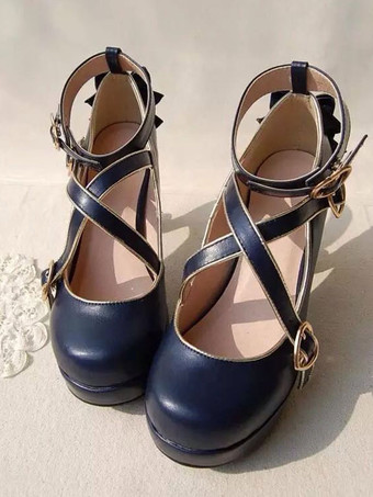 ディープブルーロリィタ靴 ハイヒール かわいい プリンセススタイル リボン結びファッション