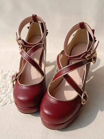 ブラウン ロリィタ靴 ハイヒール かわいい プリンセススタイル リボン結びファッション