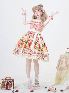 Sweet Lolita JSK Dress Strawberry Angel Print Bow Pink Lolita Jumper Skirt