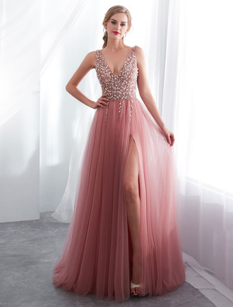 Robes de bal en tulle cameo rose col V pailletes jupe fendue laçage sur dos longueur au sol