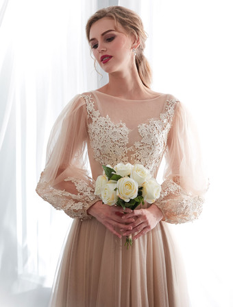 ウエディングドレスシャンパン長袖レースチュールAラインフロアレングスフォーマルドレスウェディングゲストドレス