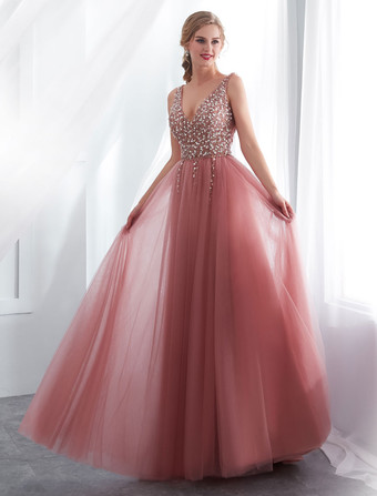 Robes de bal en tulle cameo rose col V pailletes jupe fendue laçage sur dos longueur au sol