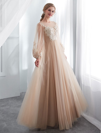 ウエディングドレスシャンパン長袖レースチュールAラインフロアレングスフォーマルドレスウェディングゲストドレス