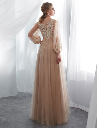 ウエディングドレスシャンパン長袖レースチュールAラインフロアレングスフォーマルドレスウェディングゲストドレス