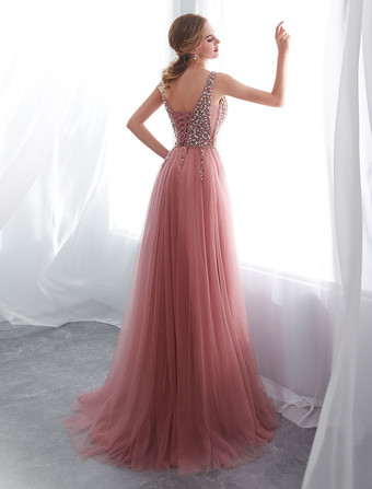 Robes de bal en tulle cameo rose col V pailletes jupe fendue laçage sur dos longueur au sol