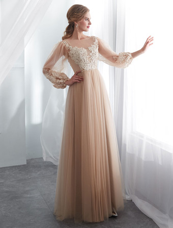 ウエディングドレスシャンパン長袖レースチュールAラインフロアレングスフォーマルドレスウェディングゲストドレス
