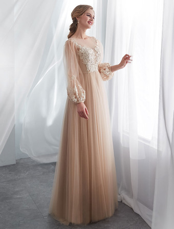 ウエディングドレスシャンパン長袖レースチュールAラインフロアレングスフォーマルドレスウェディングゲストドレス