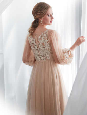 ウエディングドレスシャンパン長袖レースチュールAラインフロアレングスフォーマルドレスウェディングゲストドレス