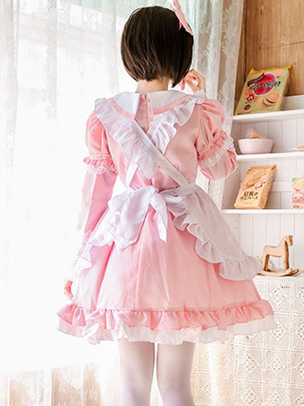 Dienstmädchen-Lolita-Outfit Spitze Rüschen Schleife Lolita-Einteilerkleid mit Schürze
