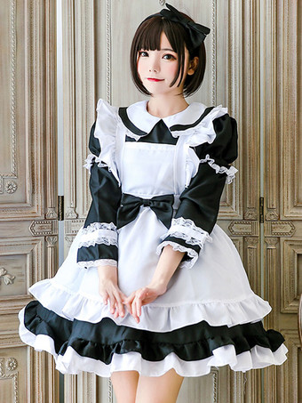 Dienstmädchen-Lolita-Outfit Spitze Rüschen Schleife Lolita-Einteilerkleid mit Schürze