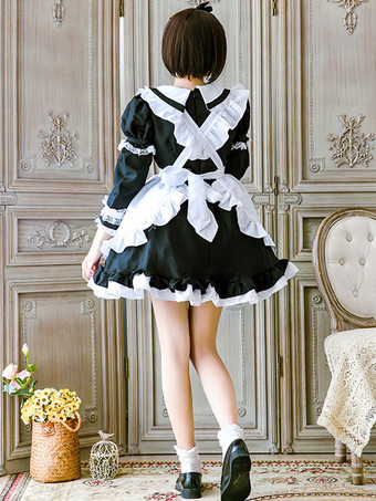 Dienstmädchen-Lolita-Outfit Spitze Rüschen Schleife Lolita-Einteilerkleid mit Schürze