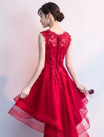 カクテルドレスレッドハイローウエディングホームカミングドレスレースアップリケ非対称パーティードレス