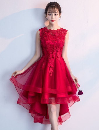カクテルドレスレッドハイローウエディングホームカミングドレスレースアップリケ非対称パーティードレス