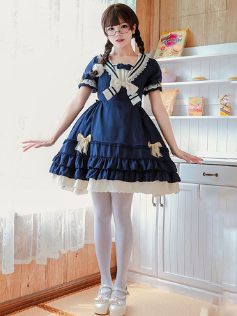 Sweet Lolita OP Dress Sail Of The Rhine Bow Ruffle Blue Lolita One Piece Dress