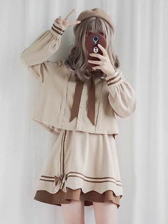Sweet Lolita Outfit Almond Cocoa Bow Stripe Pleated Apricot Lolita Set