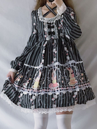 Classic Lolita OP Dress Lace Trim Print Bow Black Lolita One Piece Dress