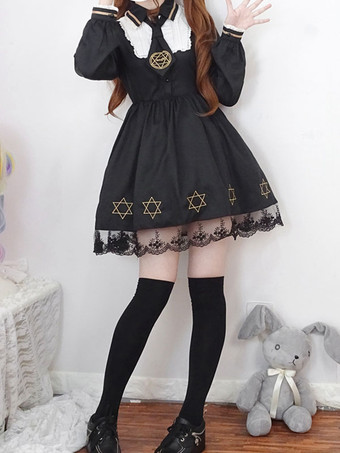 Classic Lolita OP Dress Starlet Lace Trim Black Lolita One Piece Dress