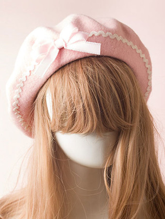 ピンクスウィートロリータハットウールボウポムポンロリータベレー