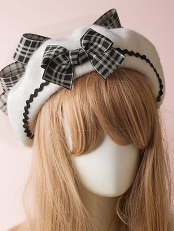 ホワイト ロリータベレーチェックウールクラシックロリータボウラーハット ブルゴーニュ