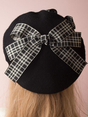 ロリータベレーチェックウールクラシックロリータボウラーハット ブルゴーニュ