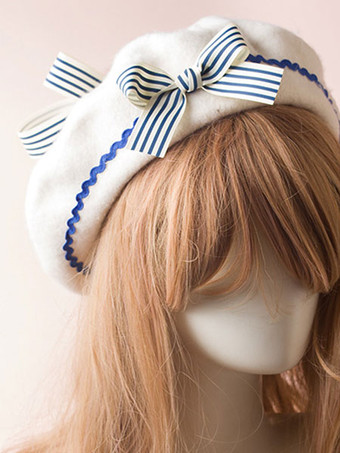 ブルー スウィートロリータハットボウポムポムウールロリータベレット