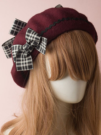 Chapeau melon Lolita classique en laine avec nœud à carreaux et béret lolita bordeaux