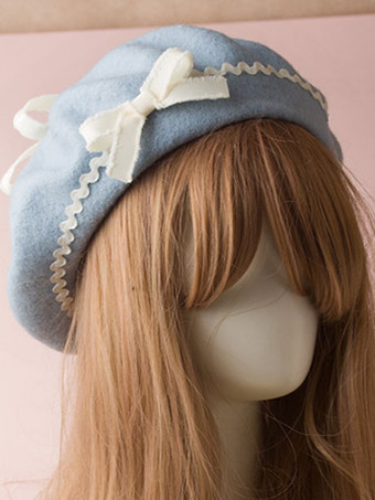ライトスカイブルースウィートロリータハットウールボウポムポンロリータベレー