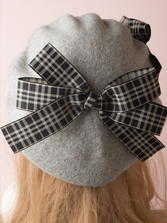 ロリータベレーチェックウールクラシックロリータボウラーハット ブルゴーニュ