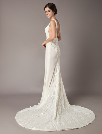 Robe de mariée sirène ivoire en chiffon col V en dentelle à traîne dos nu à zip robe de mariage