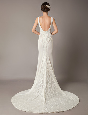 Robe de mariée sirène ivoire en chiffon col V en dentelle à traîne dos nu à zip robe de mariage