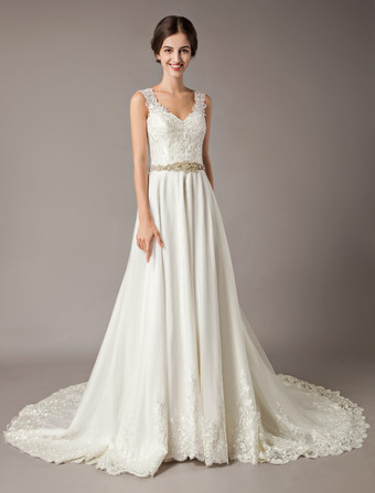 Robes de Mariée Ivoire Une Ligne Perlant Ceinture V Cou Robes De Mariée Avec Train
