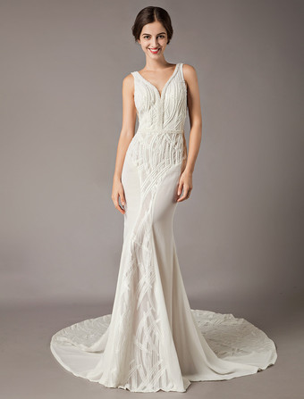 Robe de mariée sirène ivoire en chiffon col V en dentelle à traîne dos nu à zip robe de mariage