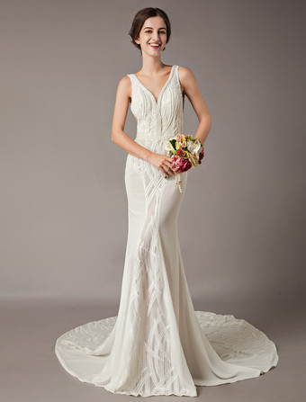 Ivoire Robe de mariée sirène ivoire en chiffon col V en dentelle à traîne dos nu à zip robe de mariage