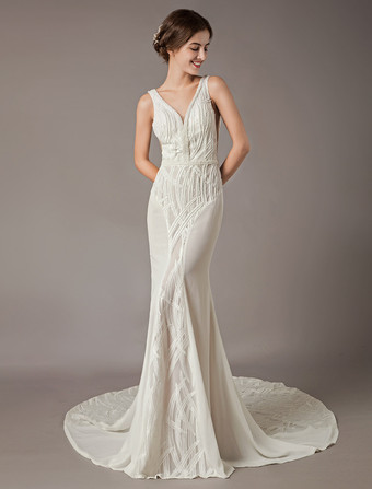Robe de mariée sirène ivoire en chiffon col V en dentelle à traîne dos nu à zip robe de mariage
