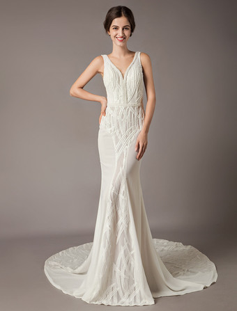 Robe de mariée sirène ivoire en chiffon col V en dentelle à traîne dos nu à zip robe de mariage